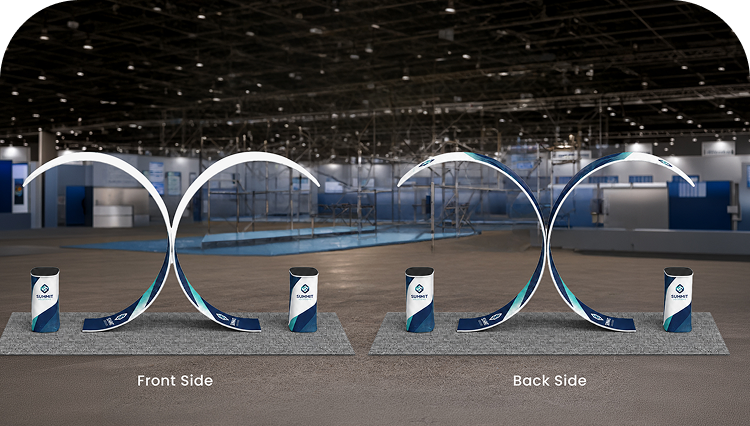 20ft Island Twin Arch Display Booth Double Side Print mobile