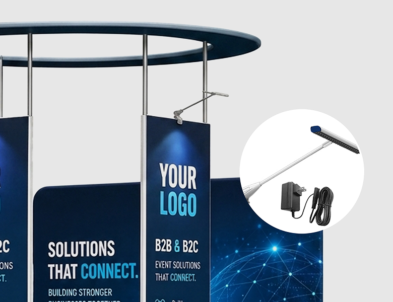 10 ft Island Trade Show Booth with Circular Header Bright Lights