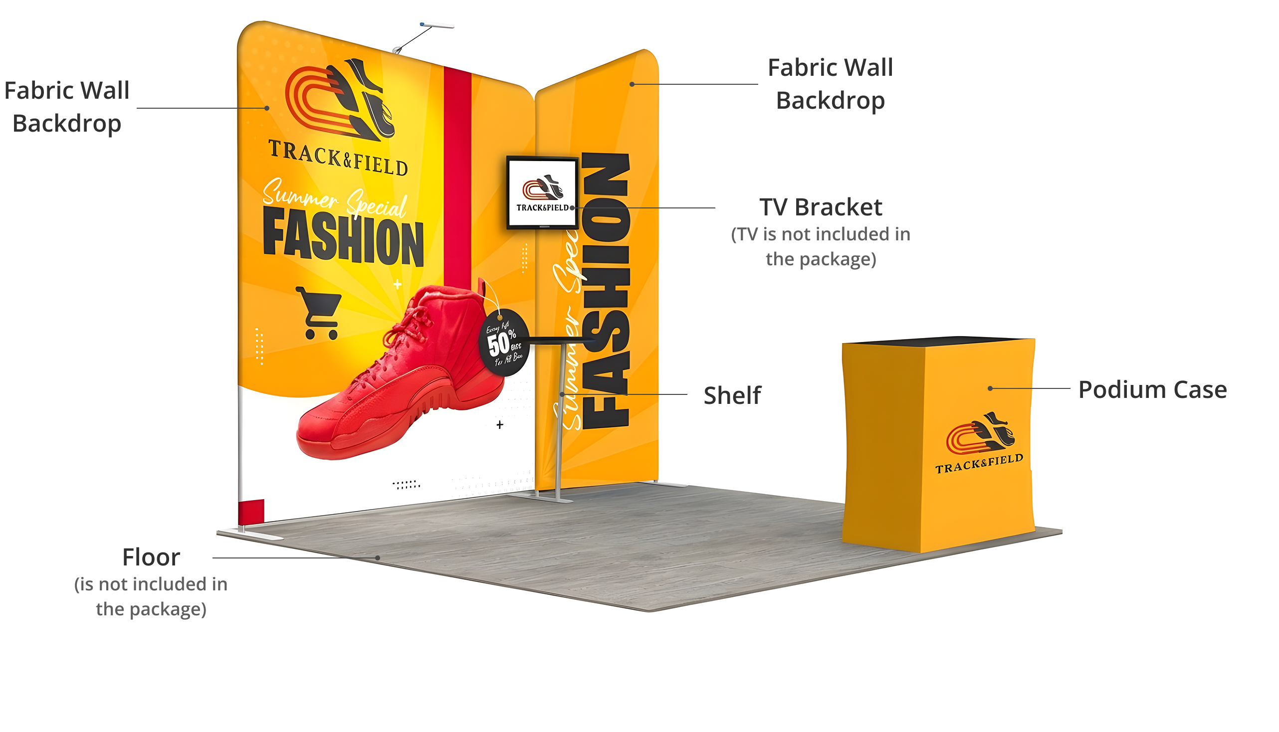 10ft Inline Trade Show Booth - Fabric Backwall Display with Counter & LED Lights Components & Sizes