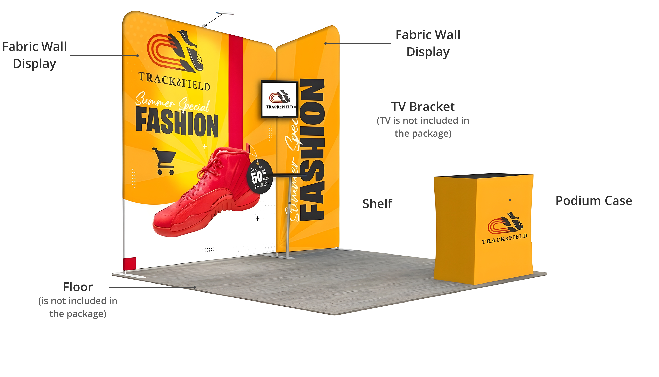 10ft Inline Trade Show Booth - Fabric Backwall Display with Counter & LED Lights Components & Sizes