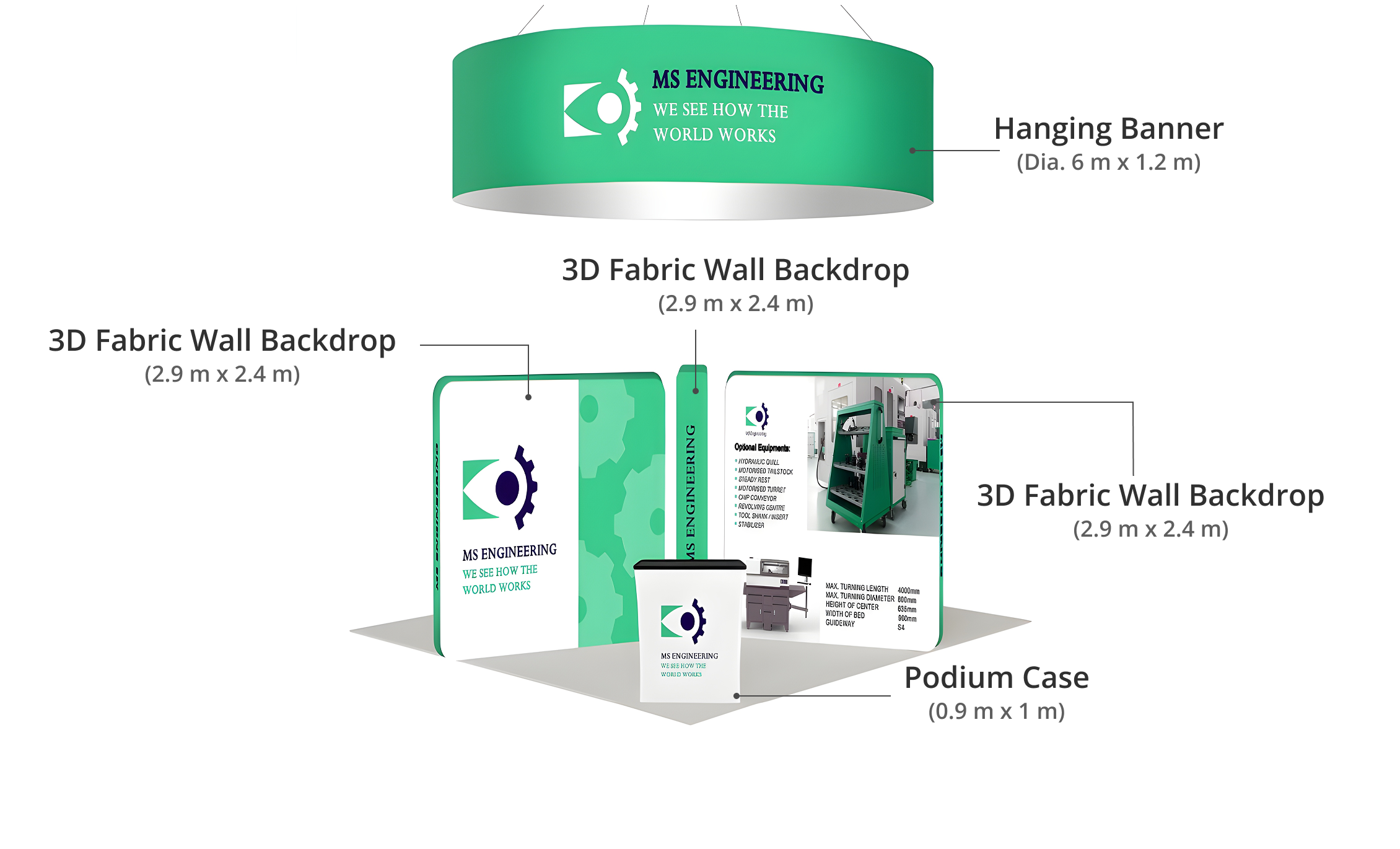 20ft Island Trade Show Booth – 360° Display with Overhead Banner & Counters Components & Sizes