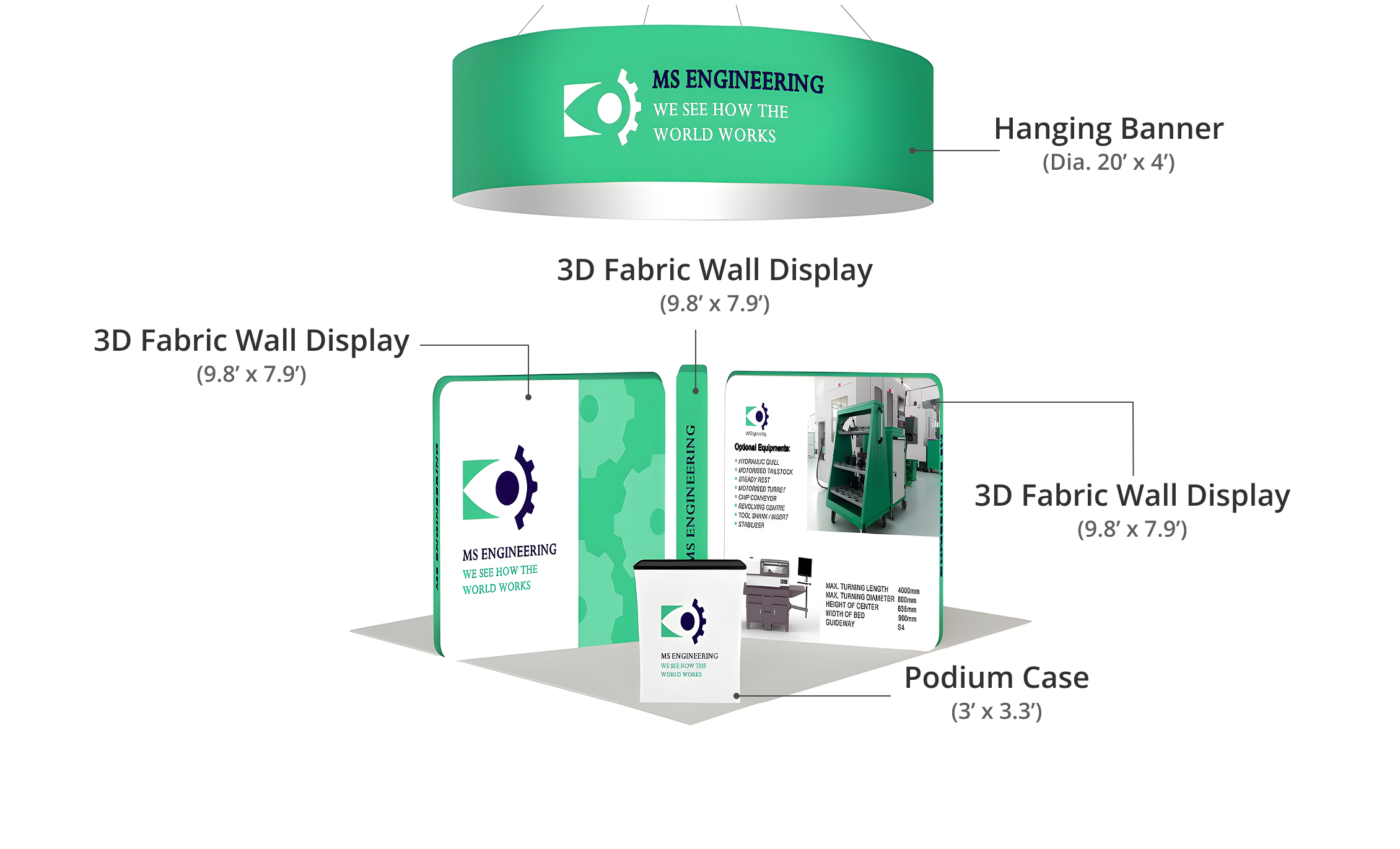 20ft Island Trade Show Booth – 360° Display with Overhead Banner & Counters Components & Sizes