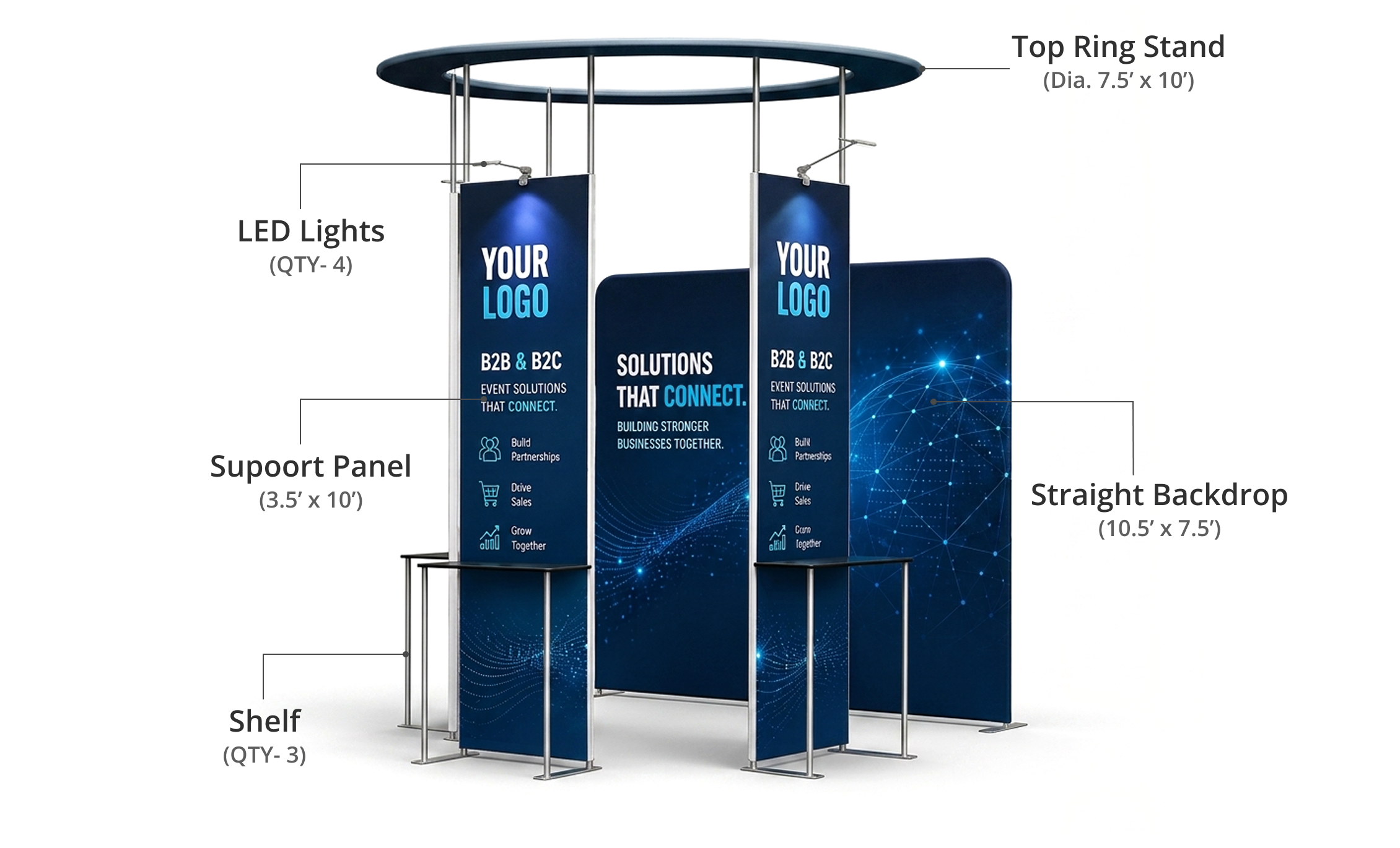 10 ft Island Trade Show Booth with Circular Header Components & Sizes